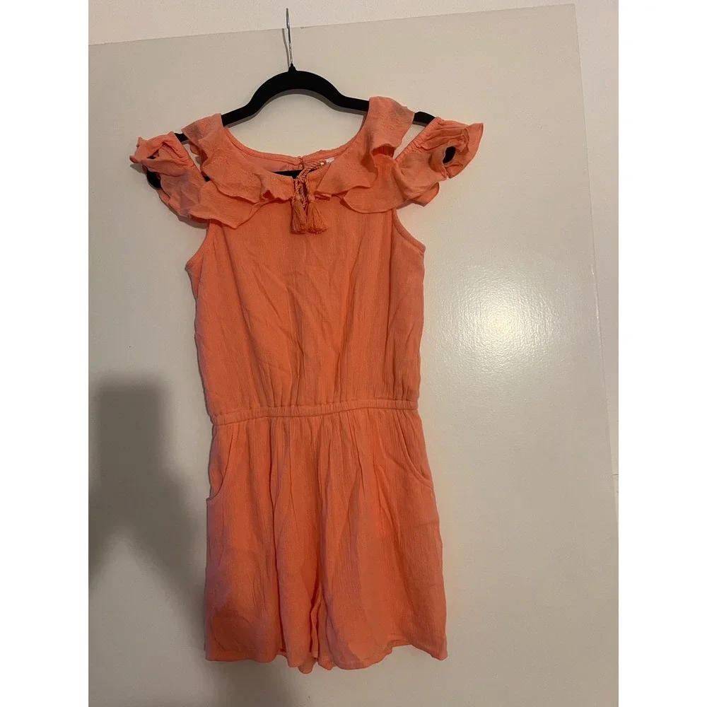 Justice Girls Coral Orange Cold Shoulder Ruffle Tassel Romper